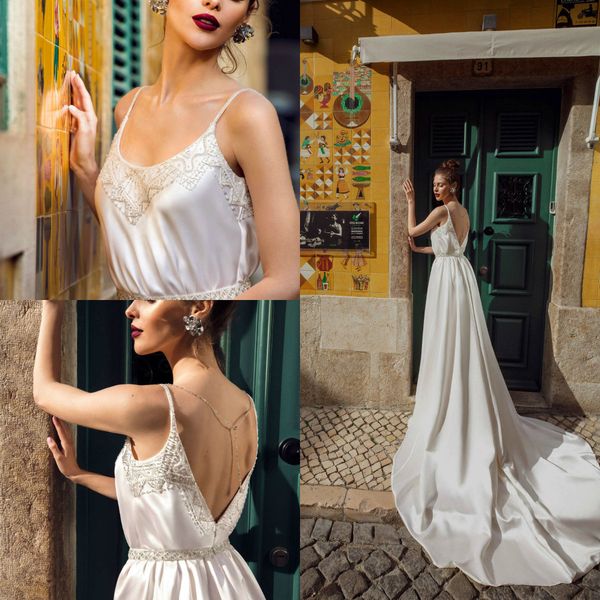 

берта 2019 boho свадебные платья бретельках кружева аппликации атласный пляж свадебные платья сексуальная спинки развертки поезд линия сваде, White