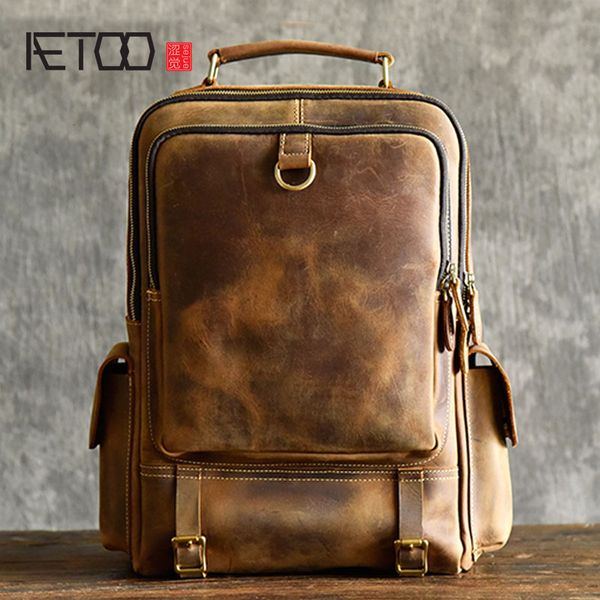 

aetoo american retro men's shoulder bag crazy horse skin european and american trend backpack 15 inch computer bag layer