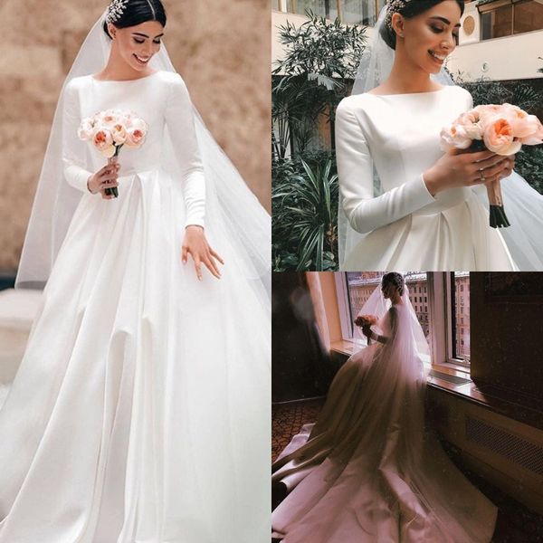 

simple vintage a line wedding dresses long sleeves satin bridal gowns custom made court train chapel garden bridal dresses, White