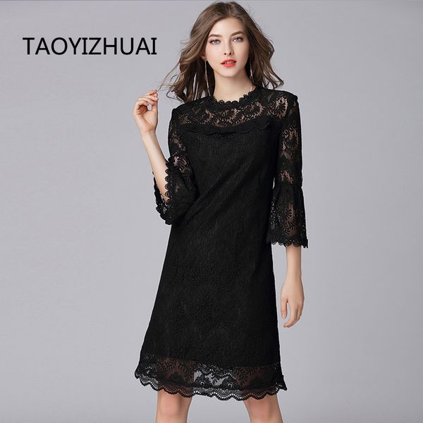 

taoyizhuai 2019 осень женщины balck платье большой размер выдалбливают flare рукавом воротник молния fly повседневный кружевном платье для ж, Black;pink