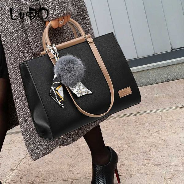 

lucdo luxury women bag leather handbags big tote fashion lady hand bags with hair ball female messenger bag