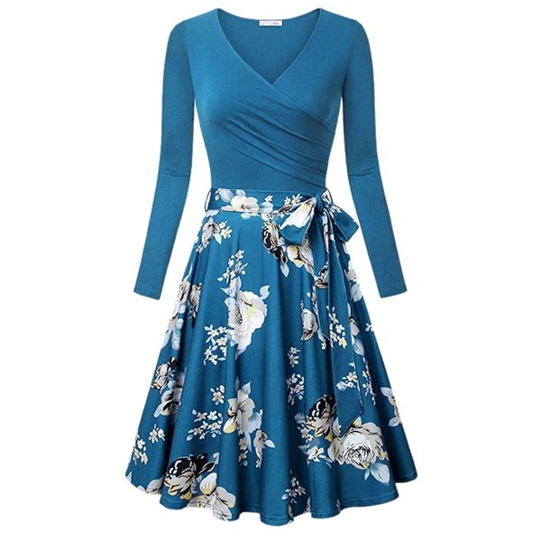 

summer dress 2019 floral dress new casual women's long sleeve v- neck dresses vintage elegant flared, Black;gray