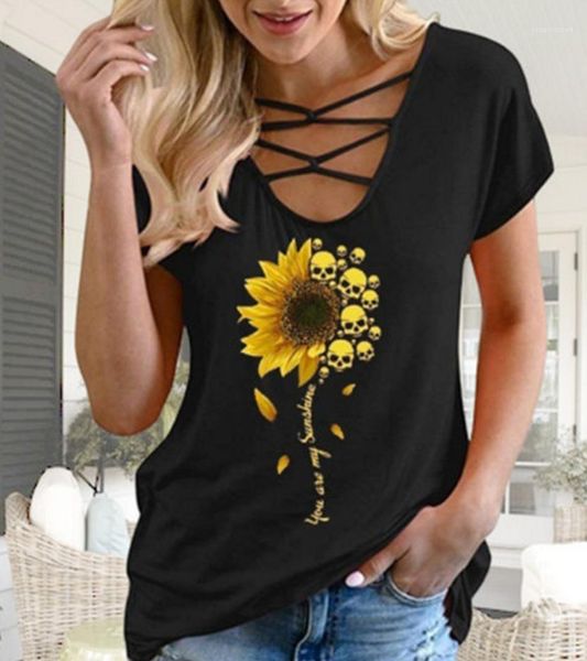 

tshirt cross hollow out fashion ladies casual loose comfortable all match clothing sunflower skull print womens, White