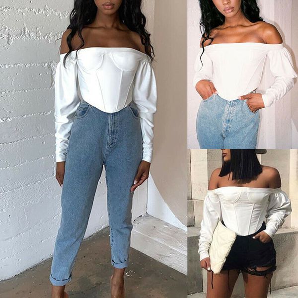 

women casual off shoulder tank vest blouse long sleeve crop shirt, White