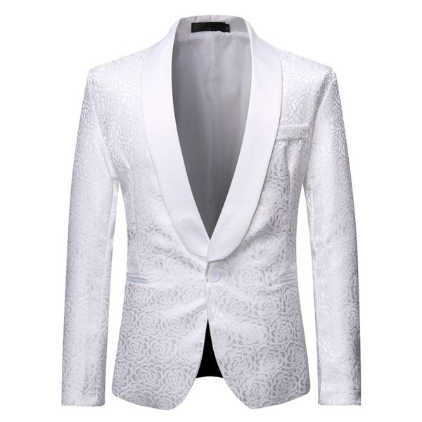 

white wedding tuxedo blazer men 2019 fashion rose floral jacquard suit jacket men shawl lapel one button dress blazers jackets, White;black