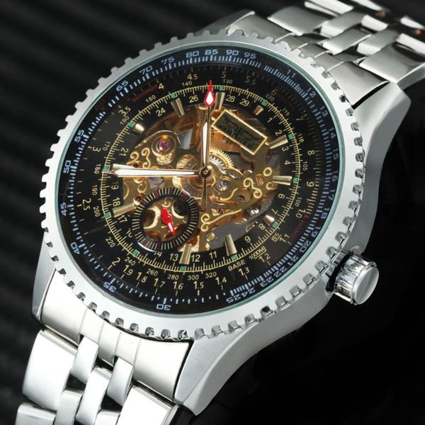 

winner fashion sport mechanical watch men stainless steel strap skeleton creative dial display automatic wrist watches for man, Slivery;brown