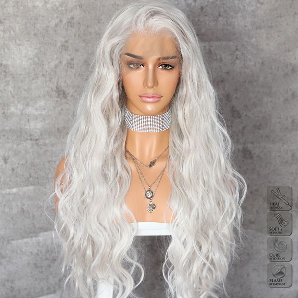 Hot Sexy Silvery White Long Water Wave Free Part Heat Resistant