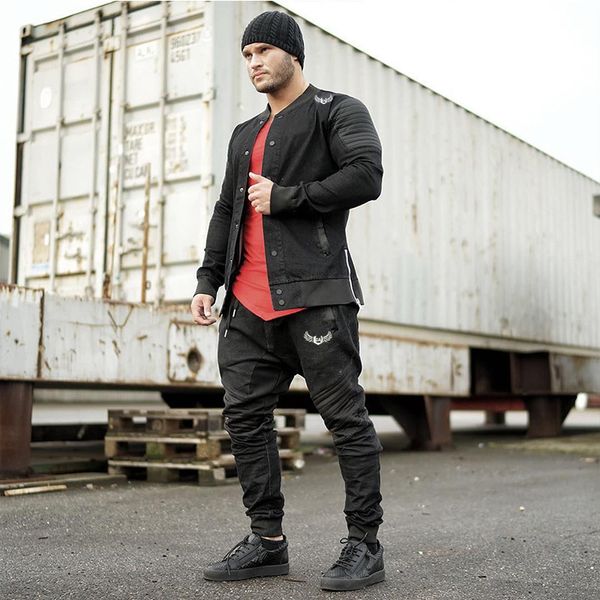 

2018 muscle boy fitness brother spring and autumn jacket men's thin jeans coat men long-sleeved cardigan sports clothing, Tan;black