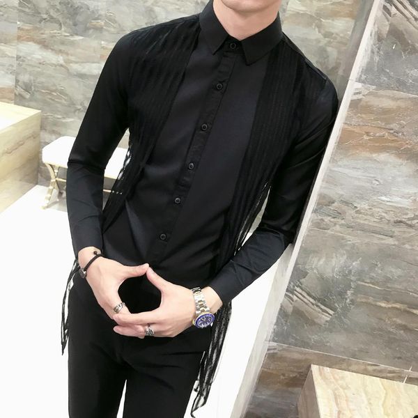 

new men shirt fashion personality hollow grid black white casual shirts slim fit club outfits stage costume shirt men, White;black