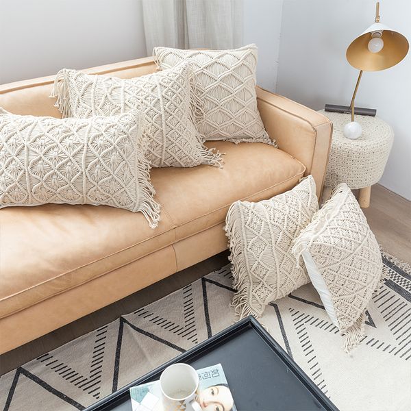 Knitted Pillow Cover Hand Woven Bohemian Cushion Cover Tassel Photo Props Literary Retro Sen Living Room Decorative Pillows Case Sunbrella Outdoor