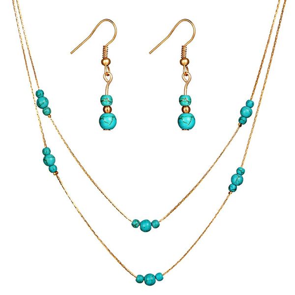 2-цветные европейские и американские ретро ювелирные изделия набор круглых бирюзовых драгоценных камней многослойных ожерелья серьги, женские оптовые продажи