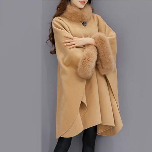 

women woolen coat fashion jacket casual woollen outwear fur collar parka cardigan cloak coat abrigos mujer invierno 2020, Black