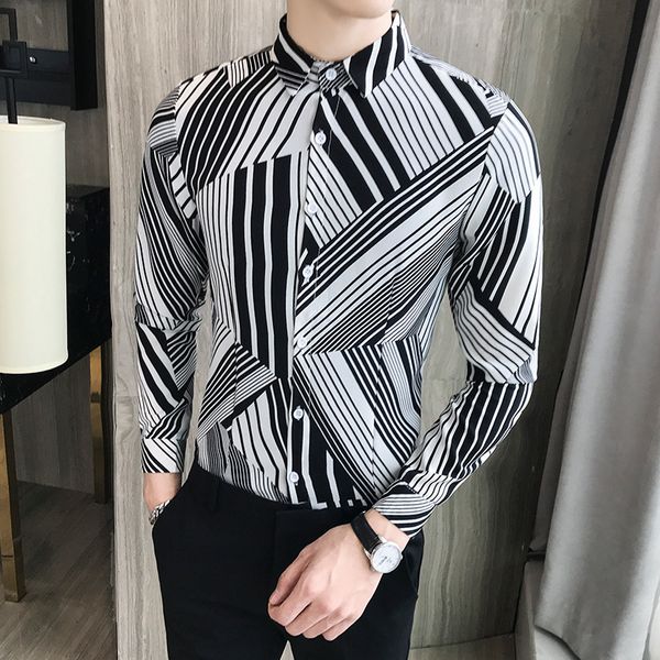 

2019 с длинным рукавом рубашки мужчины все match slim fit полосатые рубашки мужчины марка мода новоселье блуза homme бизнес shirt, White;black