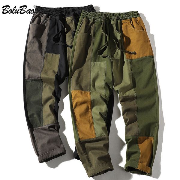 

bolubao trend brand men casual pants men's high street personality patchwork pants drawstring straight male, Black