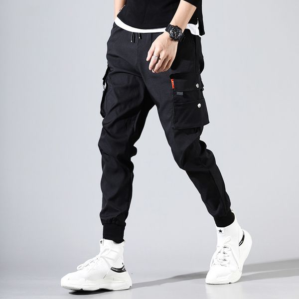 

hip hop pants men pantalones hombre high street casual pants mens cargo with many pockets joggers men streetwear trousers, Black