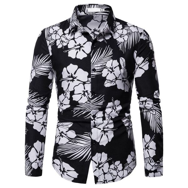 

fashion men shirt casual summer printed button long sleeve shirts blouse chemise homme manche longue camisa hombre 2019, White;black
