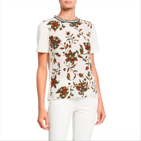 

t*.b 2019 women's white chest flower silk stitched short-sleeved t-shirt t*.b 2019 women's white chest flower silk stitched short