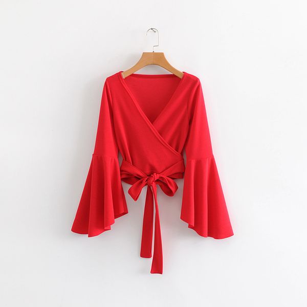 

cs558 new deep v neck with belt flare sleeve crop women red white color short blouse