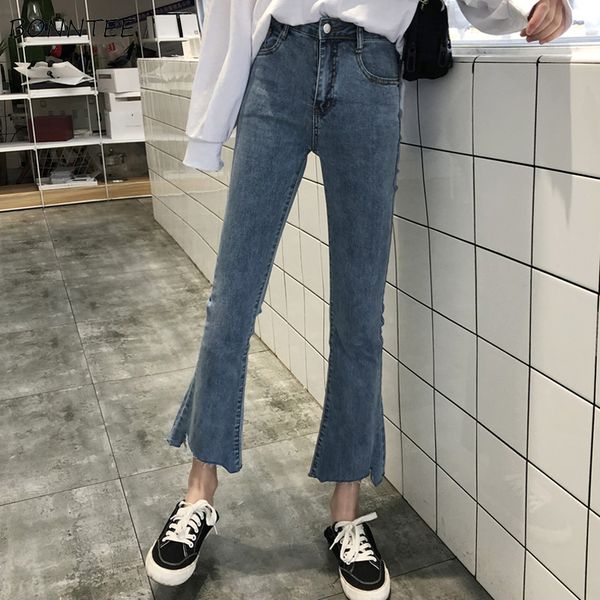 

jeans women simple solid korean style flare trousers slim leisure high waist womens elegant pockets students chic ladies daily, Blue