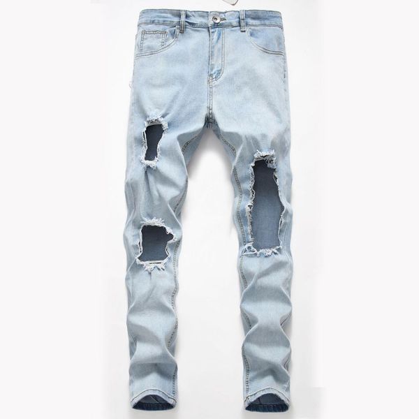 

reppunk 2019 new hole jean men fashion skinny stretch denim pencil pants distressed ripped freyed biker slim fit jeans trouser, Blue