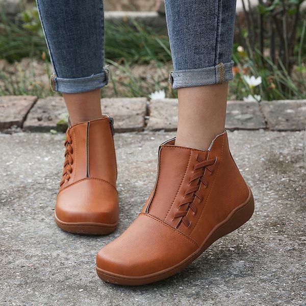 

women fashion leisure rome retro short boots large size flat heels lace-up solid color low heels casual booties lady party shoes, Black