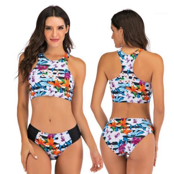

crew neck two piece swimsuit tankinis casual women summer clothes floral printed women designer swimsuit fashion, White;black