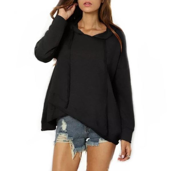 

women hoodie long sleeve loose soft thicken casual outwear solid irregular hem hooded sweatshirts fashion fall, Black