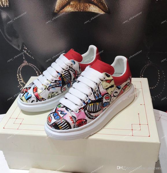 

designer shoes luxury mens women leather graffiti sneaker fashion white leather platform shoes flat casual shoes, Black