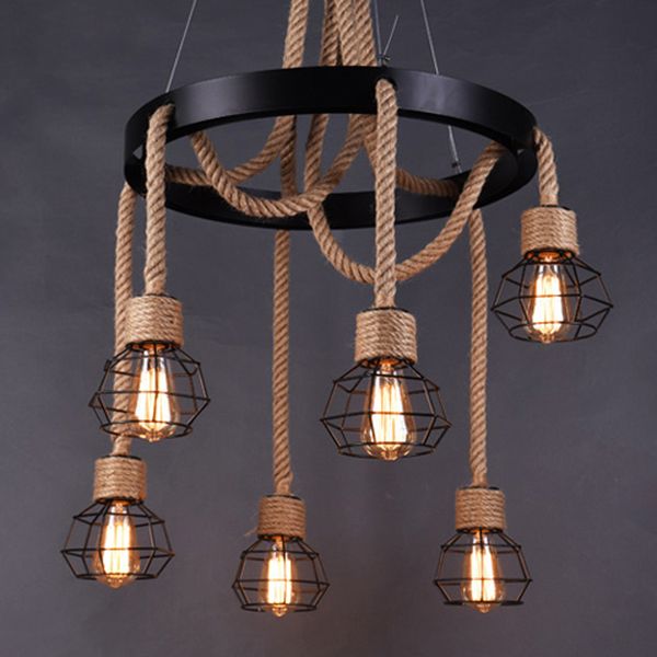 

vintage hemp rope chandelier black wrought iron 6 head iron cage hanging lamp industrial style loft restaurant bar cafe lighting
