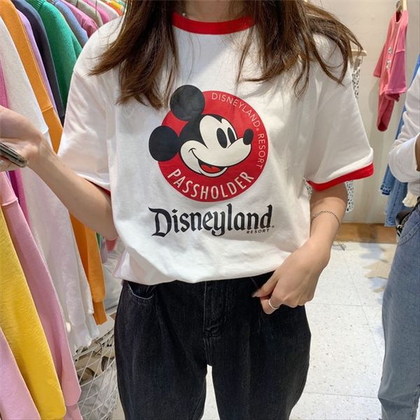

summer 2020 loose age reduction round neck slim cartoon contrast color versatile short-sleeved shirt female, White
