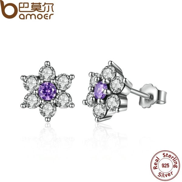 

bamoer стерлингового серебра 925 forget me not, фиолетовый прозрачный cz серьги для женщин boucle d'oreille femme изящных ювелирных изделий, Golden;silver