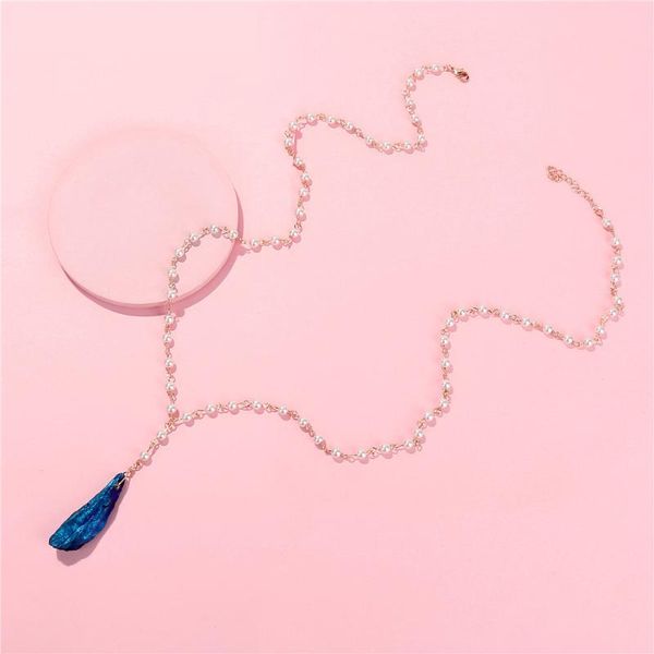 

metal color natural quartz stone pendant long pearl beaded necklace, Silver