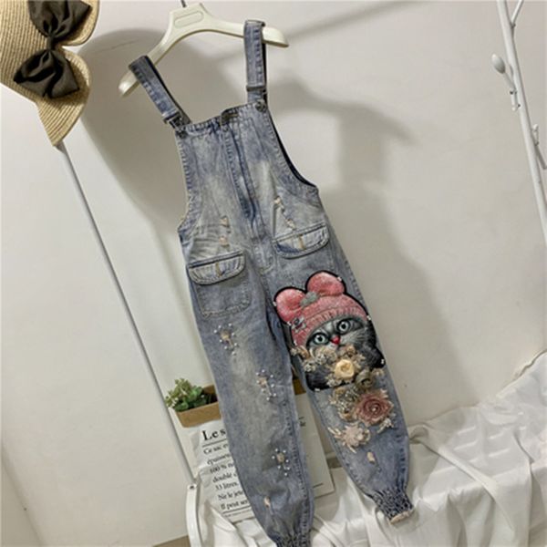 

савельева 2020 новые женщины высокая талия длинные джинсовые комбинезоны рваные стрейч кошка блесток бисером комбинезоны xxl, Black;white