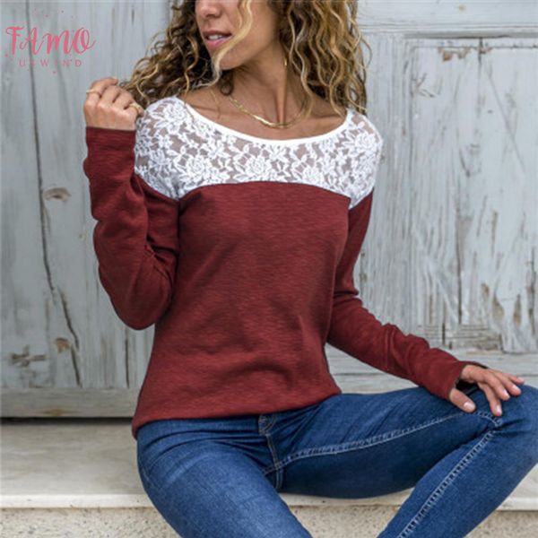 

women o neck long sleeve casual lace patchwork t shirt autumn solid loose tees drop shipping, White