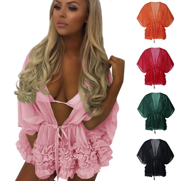 

pure bikini quality swimwear color bat sleeve chiffon smock, Red;white