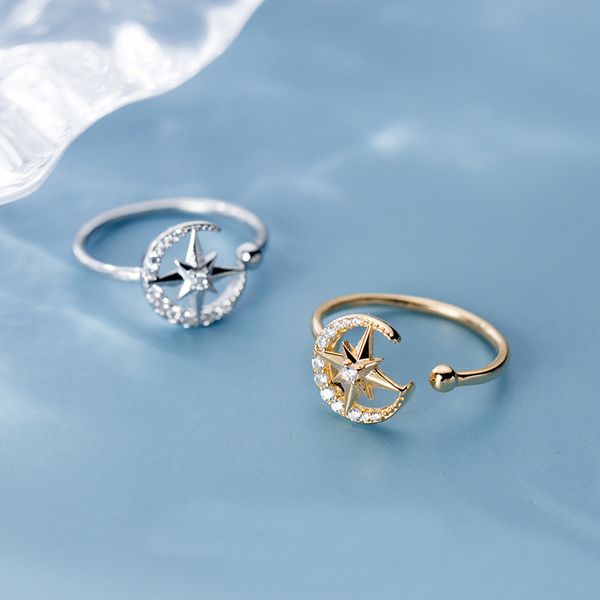 

korea fashion rings for women ins style moon star mount crystal finge rings sweet temperament 925 sterling silver jewelry, Slivery;golden
