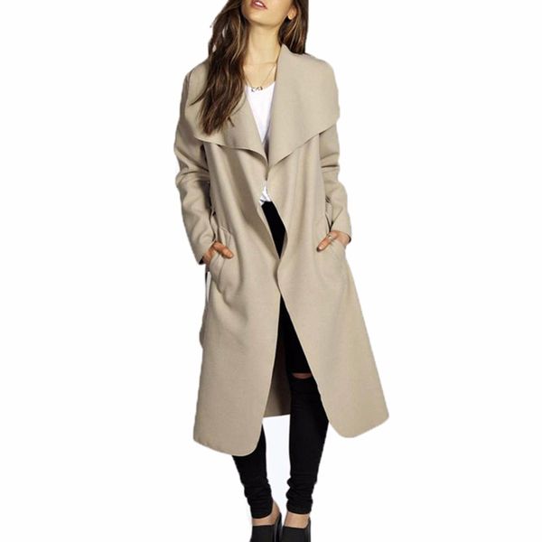 

autumn women large lapel pocket long trench coat khaki belt classic casual office lady work business outwear trench coat, Tan;black