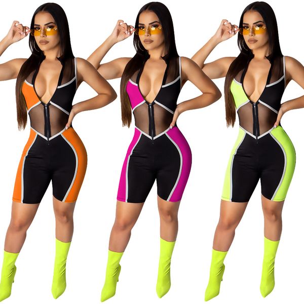 

wholesale designer women clothes sleeveless sheer mesh jumpsuits splicing skinny zipper knee length jumpsuit moto biker romper playsuit, Black;white