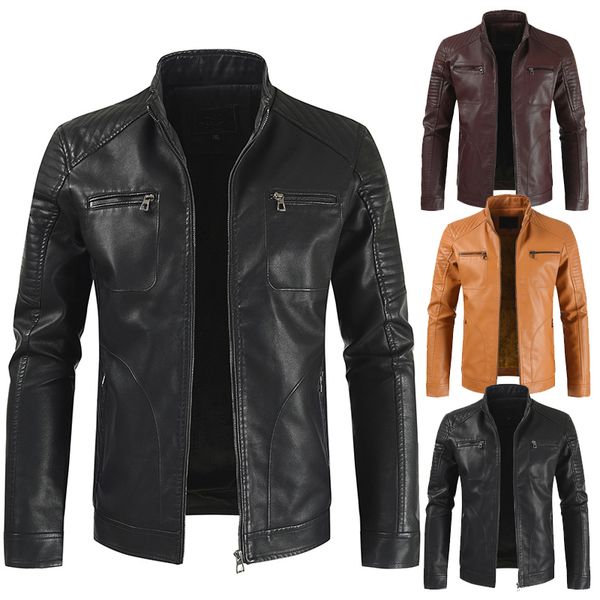 

2019 autumn and winter new men's corduroy casual leather coat young zipper stand collar pocket, Black