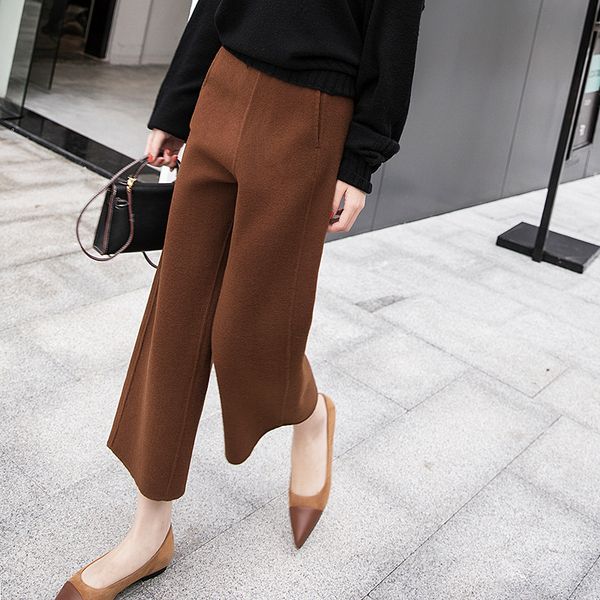 

office lady ankle-length women woolen wide leg pants high solid trousers straight zipper wool pants for women, Black;white