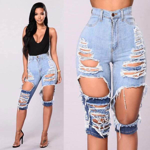 

2020 fashion skinny straight hole denim pant high waist button pockets casual woman jeans leggings zipper ripped knee length, Blue