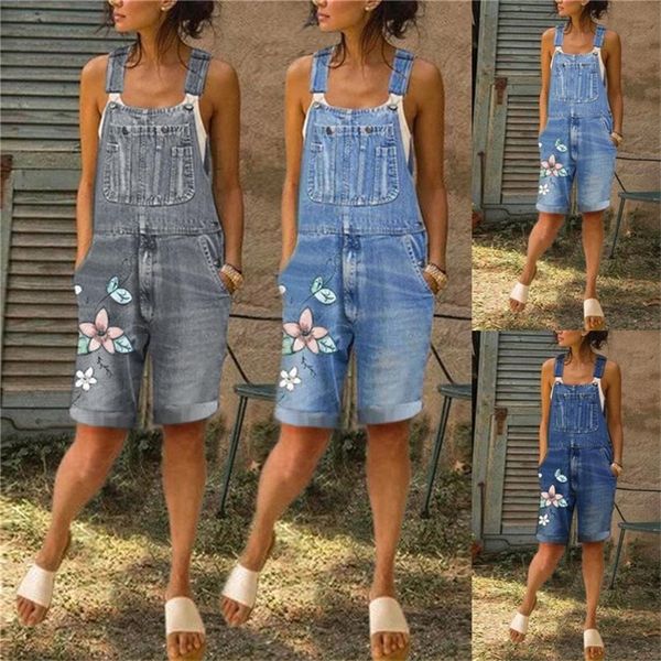 

2020 new summer women long jumpsuits fashion flowers printed jeans short romper casual floral pocket playsuit denim overalls, Black;white