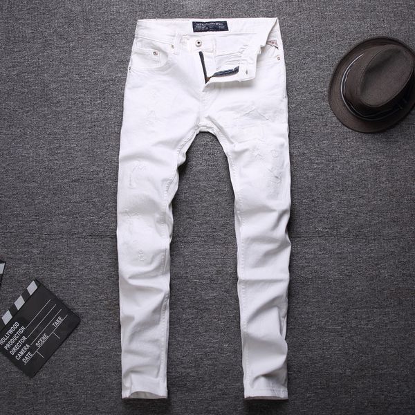 

2020 fashion high street fashion ripped jeans male tide white frayed stretch hip hop slim small straight male jeans size 28-40, Blue