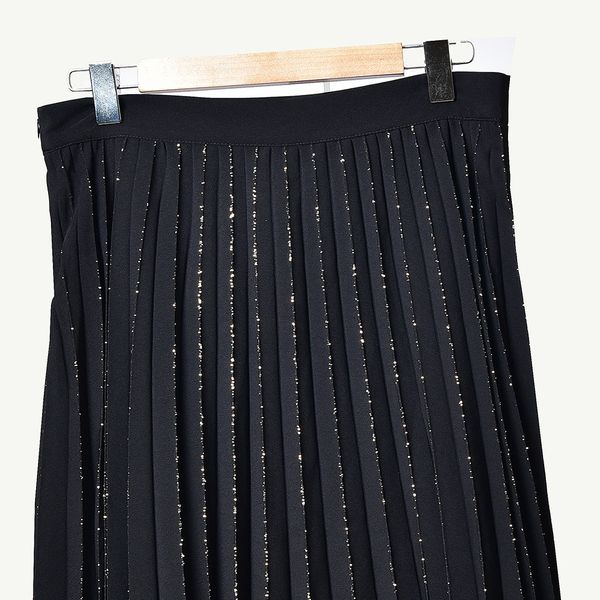 

women skirt 2019 fall winter new style elegant shiny pleated edge waist smart casual midi skirt, Black