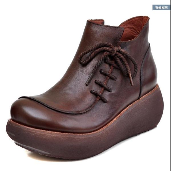 

inside and outside leather muma autumn and winter pine cake shoes thick sole ethnic wind wedge heel women's ankle boots, Red;white