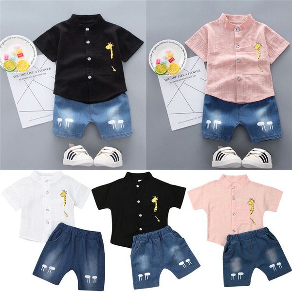 

pudcoco новый 2 шт. малыш мальчик хлопок топы футболка джентльмен рубашка джинсовые шорты летняя мода повседневная одежда наряды 1-5y, White