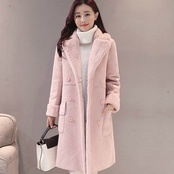 

women's down & parkas women suede fur winter coat 2021 fashion thick faux sheepskin long jacket overcoat female solid warm trench coats, Black