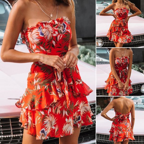 

party swing mini ruffle backless strapless off shoulder floral print cotton blend beach women dress casual sleeveless, Black;gray