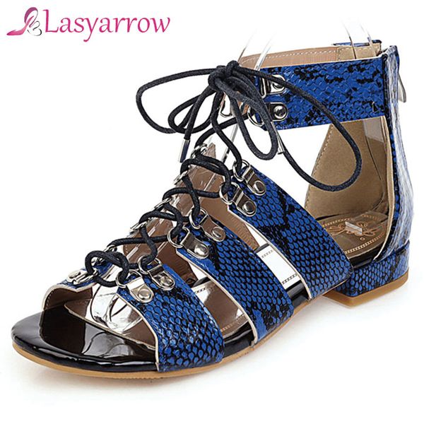 

lasyarrow new arrivals 2020 peep toe gladiator sandals woman shoes chunky heels lace-up mixed colors fashion shoes women sandals, Black