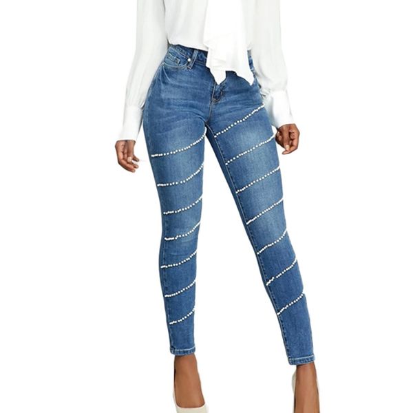 

woman's jeans slim button zipper solid denim jeans high waist stretch casual for ladies blue pants #zer